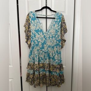 Anthropologie Blue Floral Tiered Boho Mini Dress | Flutter Sleeve | V-Neck | XL